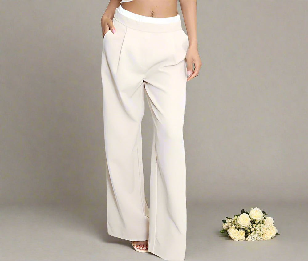 White Waistband Tailored Trouser Beige