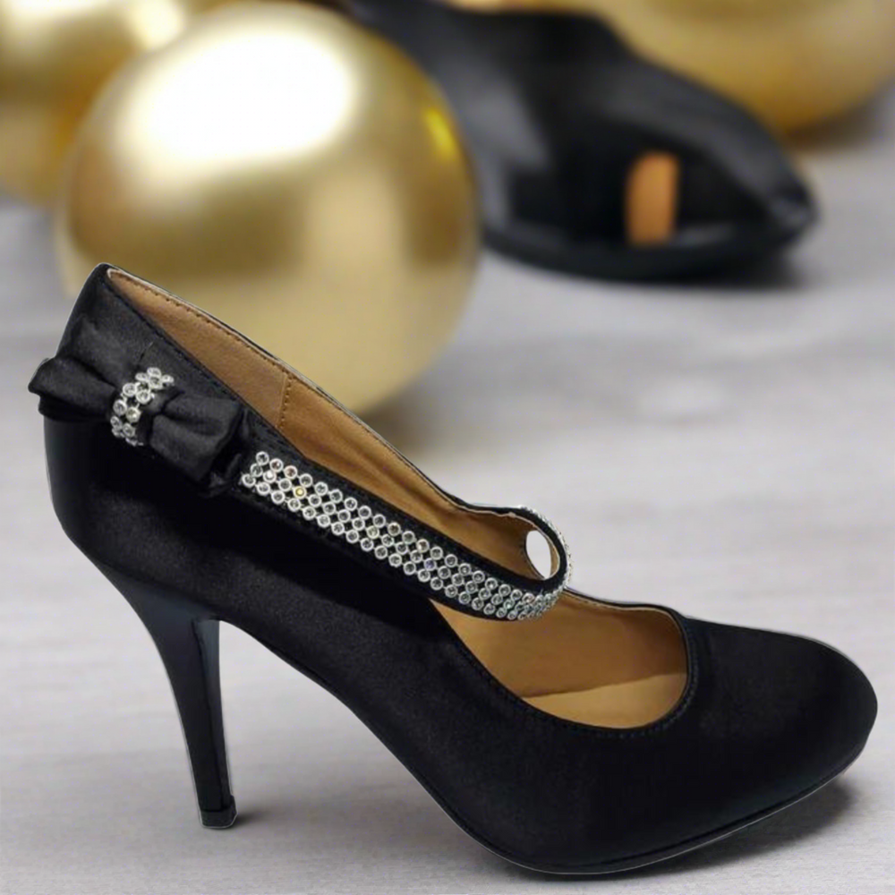 Womens / Ladies High Heel Court Shoe With Diamante Strap In Black