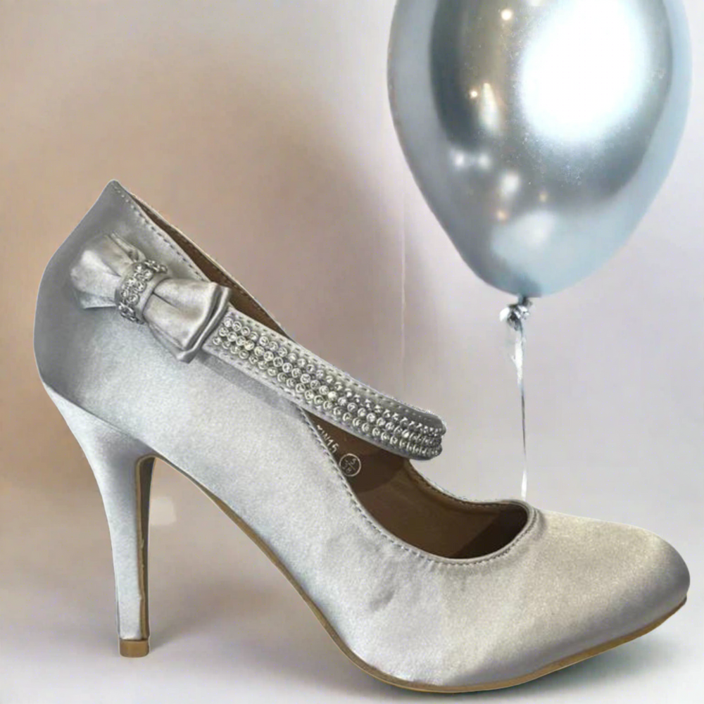 Womens High Heel Court Shoe With Diamante Strap In Silver