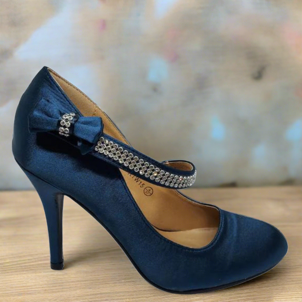 Womens / Ladies High Heel Court Shoe With Diamante Strap In Navy