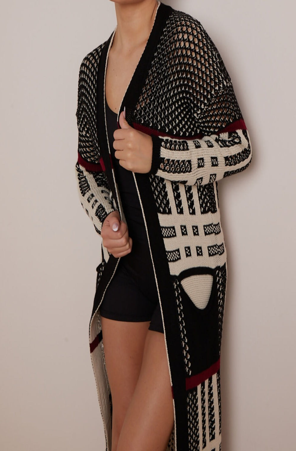 Crochet Quirky Checked Calf Length Cardigan