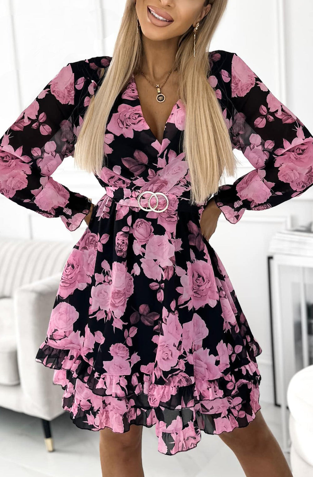 Pink Vibes  Floral Chiffon Frill Wrap Dress-Pink