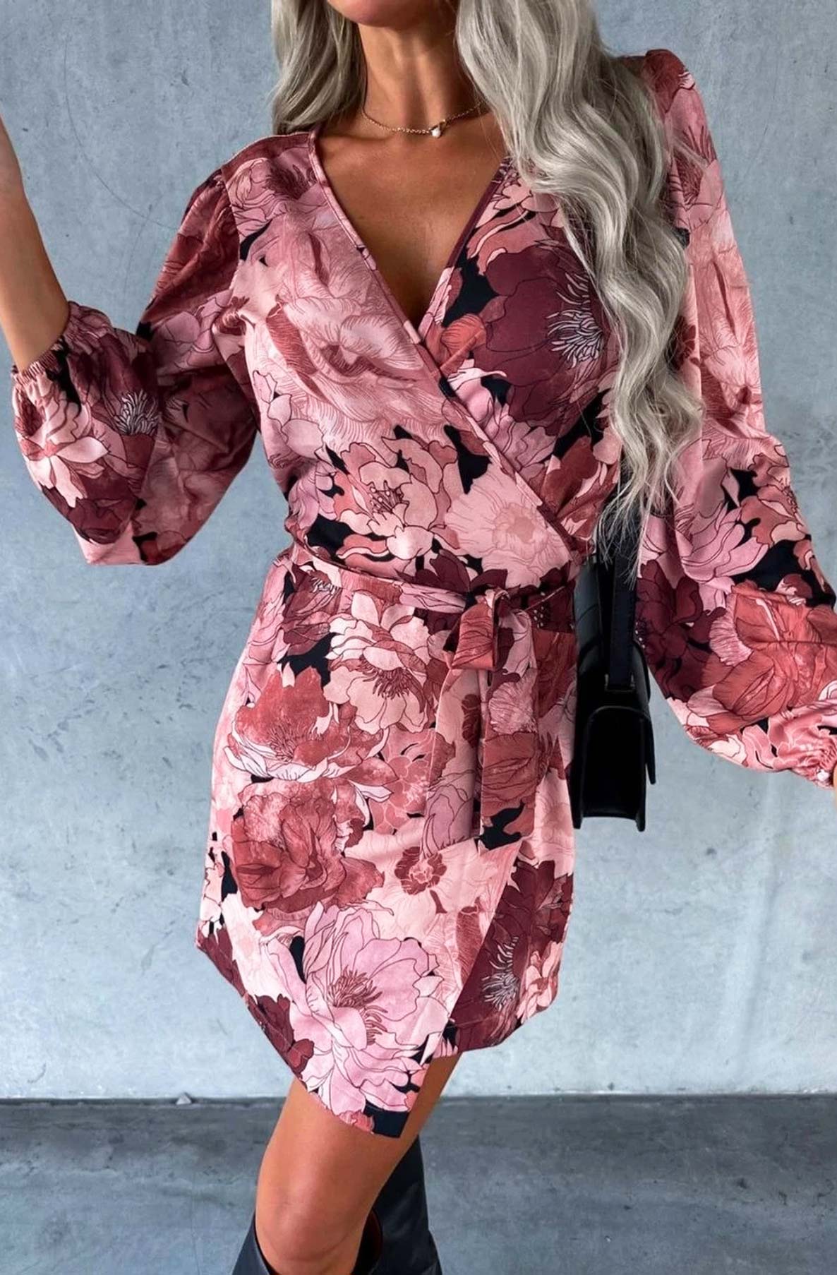 Pink Printed Wrap Around Style Belted Dress