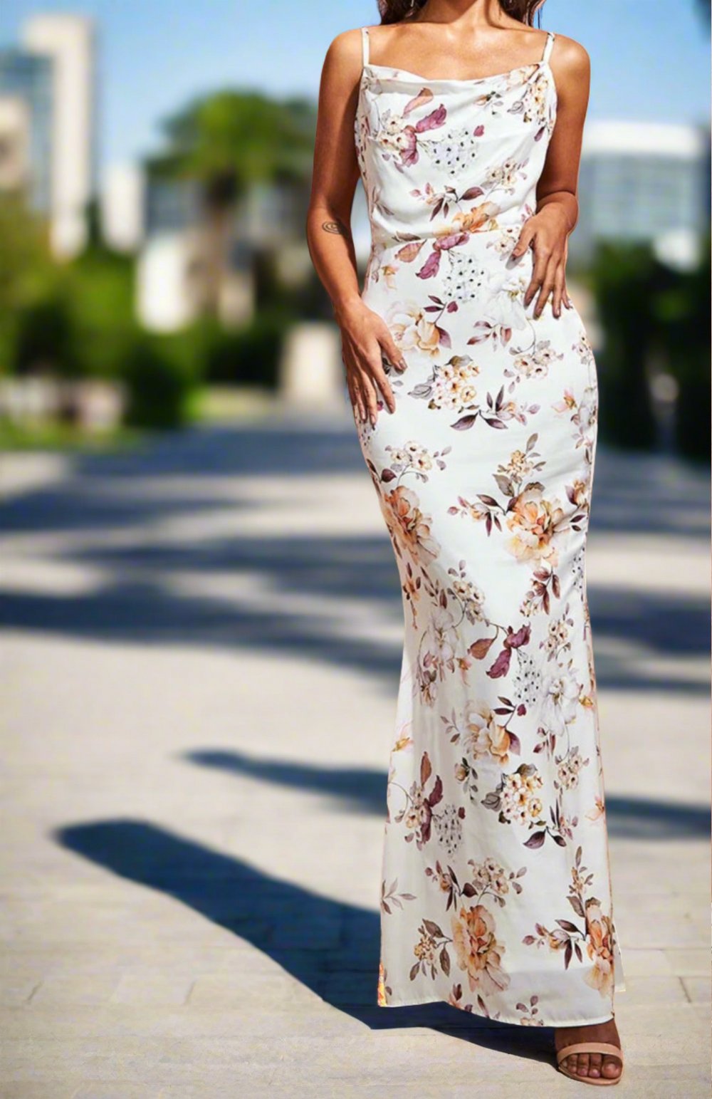 Women's Cream Floral Satin Maxi Dress