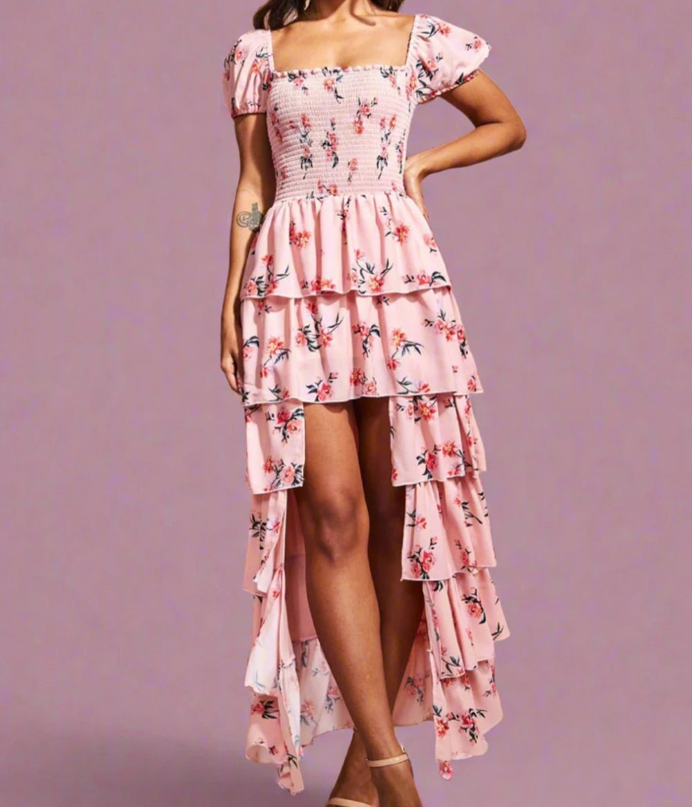 Dream Ruffle Pink Cascade Dip Hem Dress